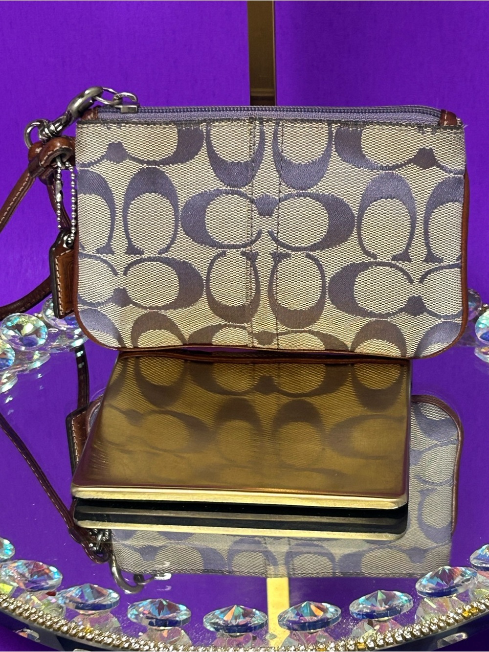 Coach Khaki and Purple Signature Canvas Wristlet with Leather Trim